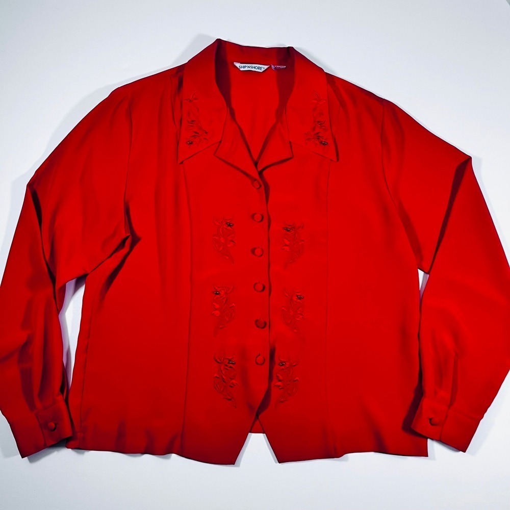 Vintage Ship N Shore Red Floral Embroidered Beaded‎ Button Down Blouse